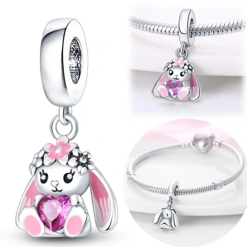 S925 Sterling Silver with Pink Gems Bunny Charm - NWT
